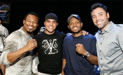(From Left to Right) Welterweight World Champion Sugar Shane Mosley, Junior Welterweight Contender Victor Ortiz, Former Lightweight World Champion Nate Campbell and Golden Boy Promotions President Oscar De La Hoya pose on July 30, 2009 while attending Fight Night Club at Club Nokia at L.A. Live in downtown Los Angeles, California