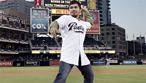 Manny Pacquiao throws out the first pitch during Filipino Heritage Night at PETCO Park on Tuesday for the San Diego Padres – Arizona Diamondbacks baseball game. Photo: Chris Farina-Top Rank 